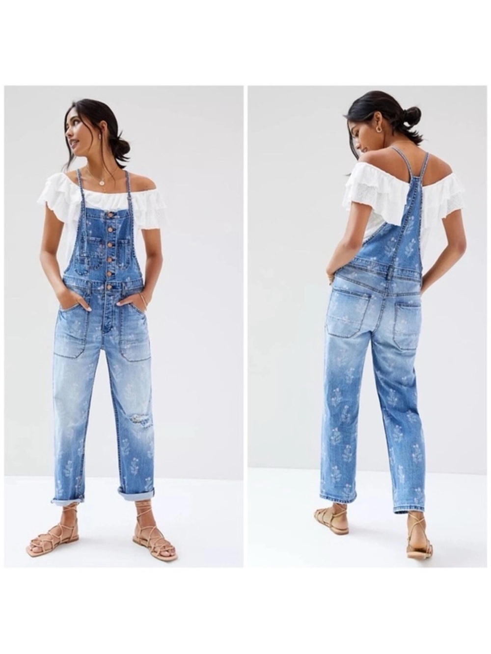 Pilcro by Anthropology Light Blue Denim Flowers Overalls Sz 27 L27